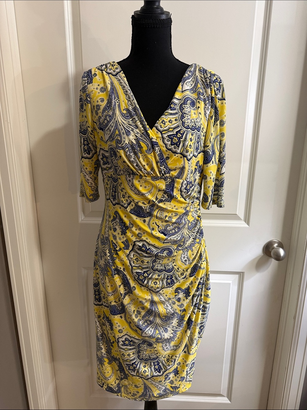 Lauren Ralph Lauren Yellow and Navy Paisley Wrap-Style Midi Dress